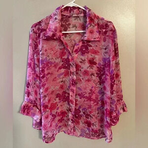 Vintage Floral Sheer Pink Button Up Flowy‎ Lightweight Blouse Large 3/4 Sleeves